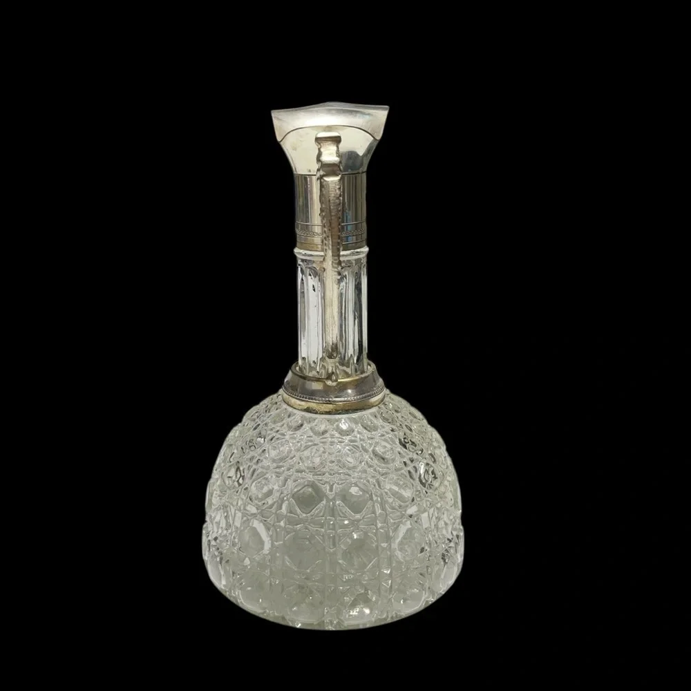Pressed Glass Claret Jug Pitcher Decanter with Silver Plated Collar & Handle